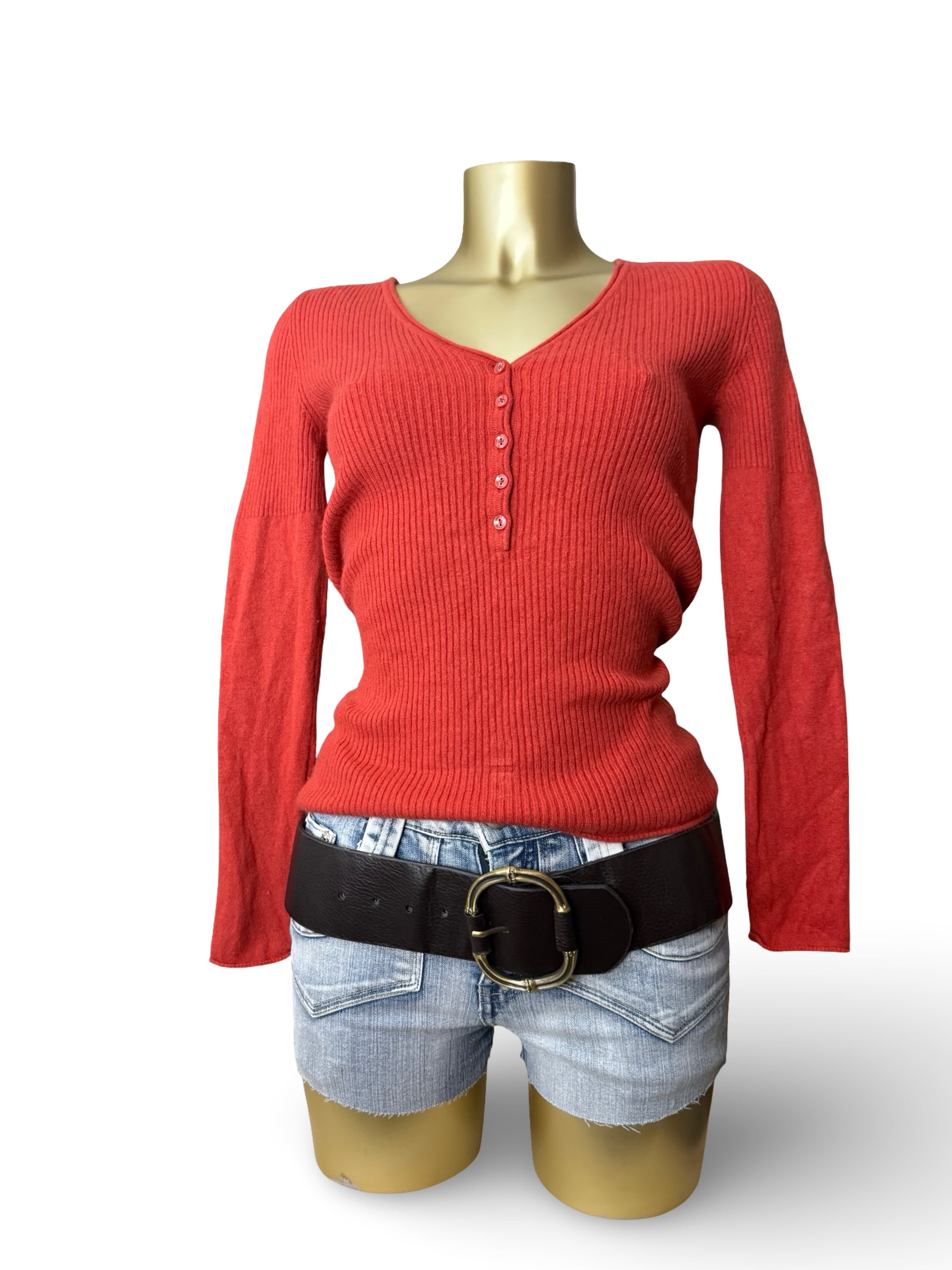 Orange 100% cashmere ribbed V neck tight fit jumper (S/M)