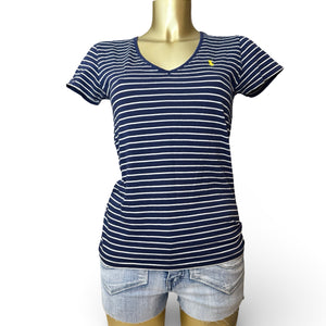 Navy striped cotton V neck tight fit tee (S)
