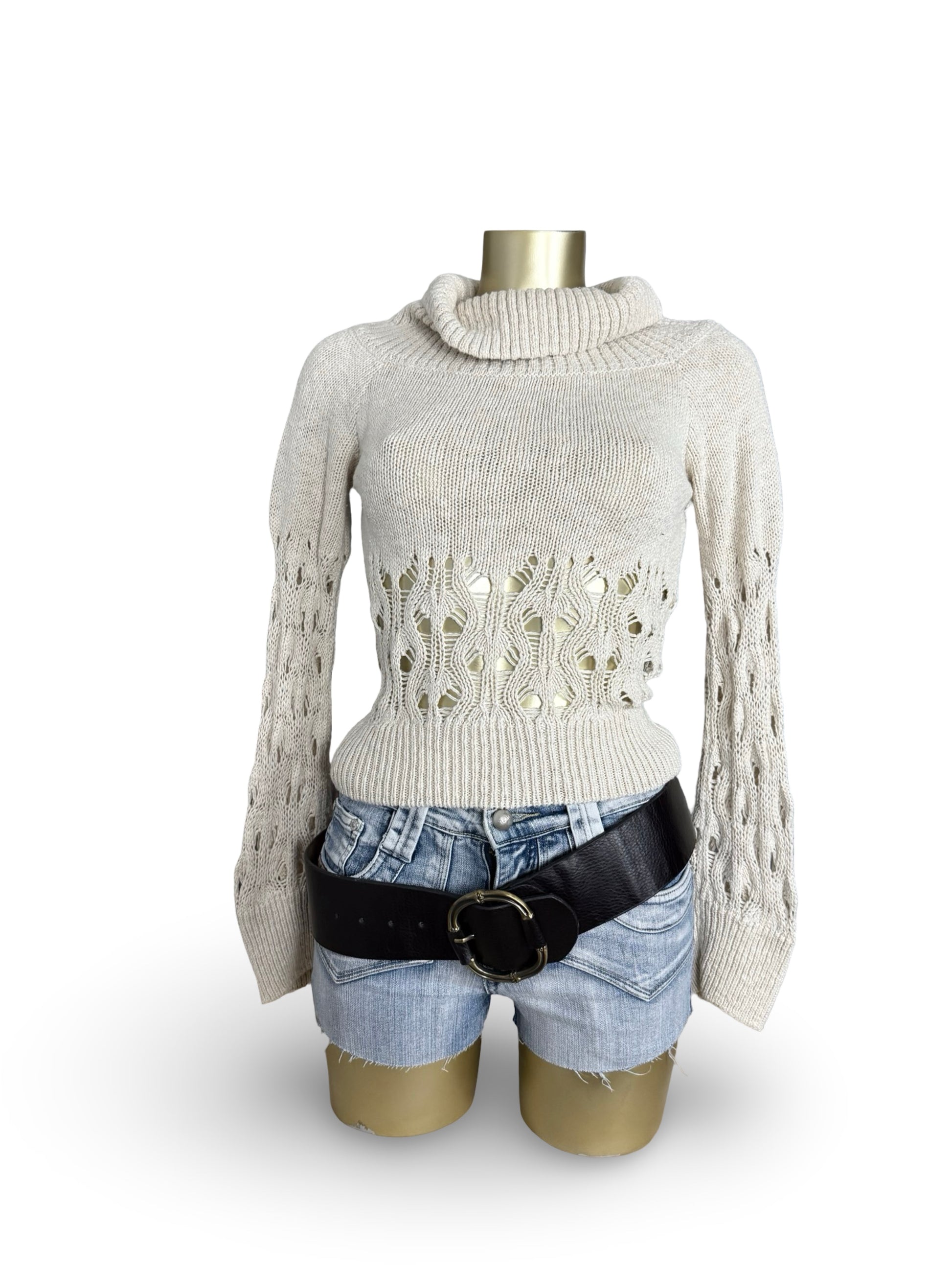 Beige crochet turtleneck jumper (M)