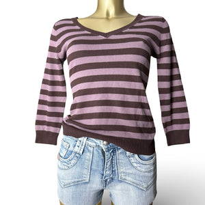 Purple striped V neck tight fit jumper (S)