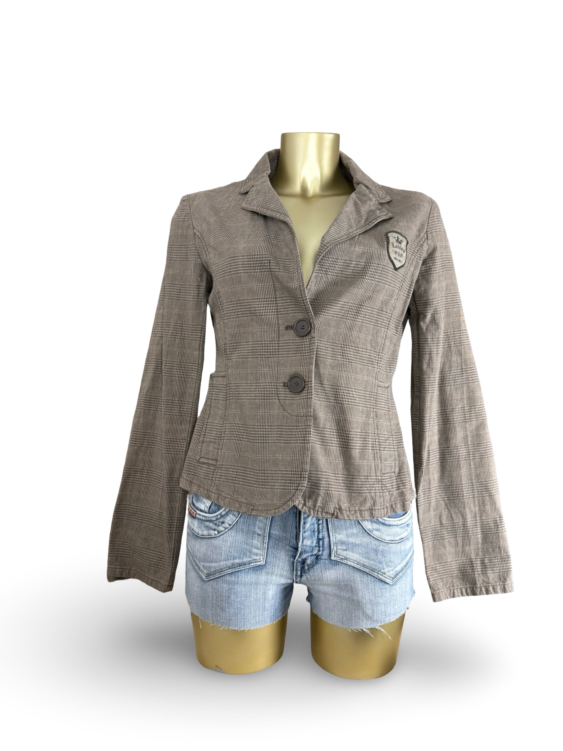 Brown check print tight fit blazer jacket (L)
