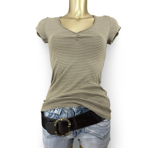 Khaki striped V neck cotton tight fit tee (M)