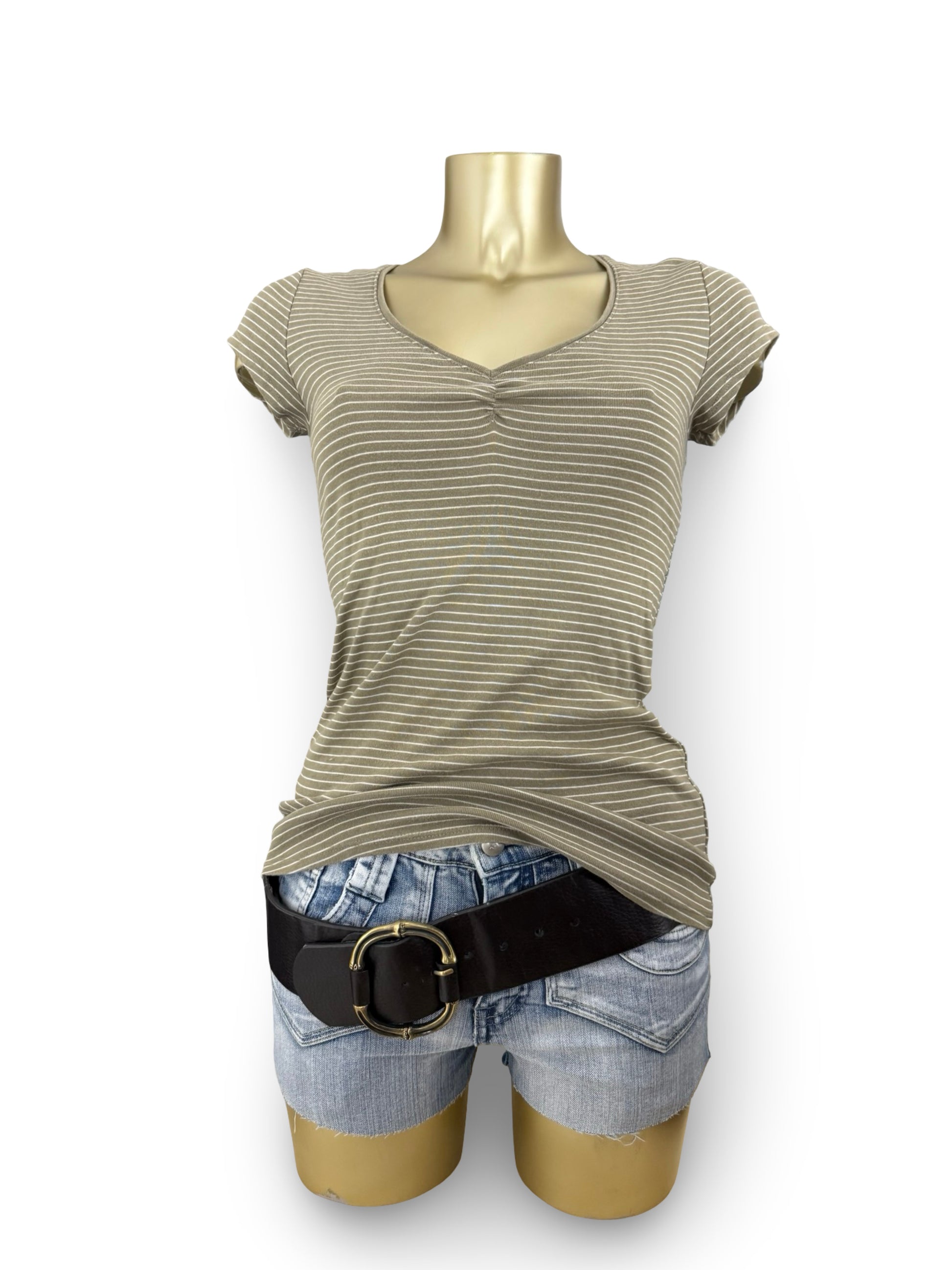 Khaki striped V neck cotton tight fit tee (M)