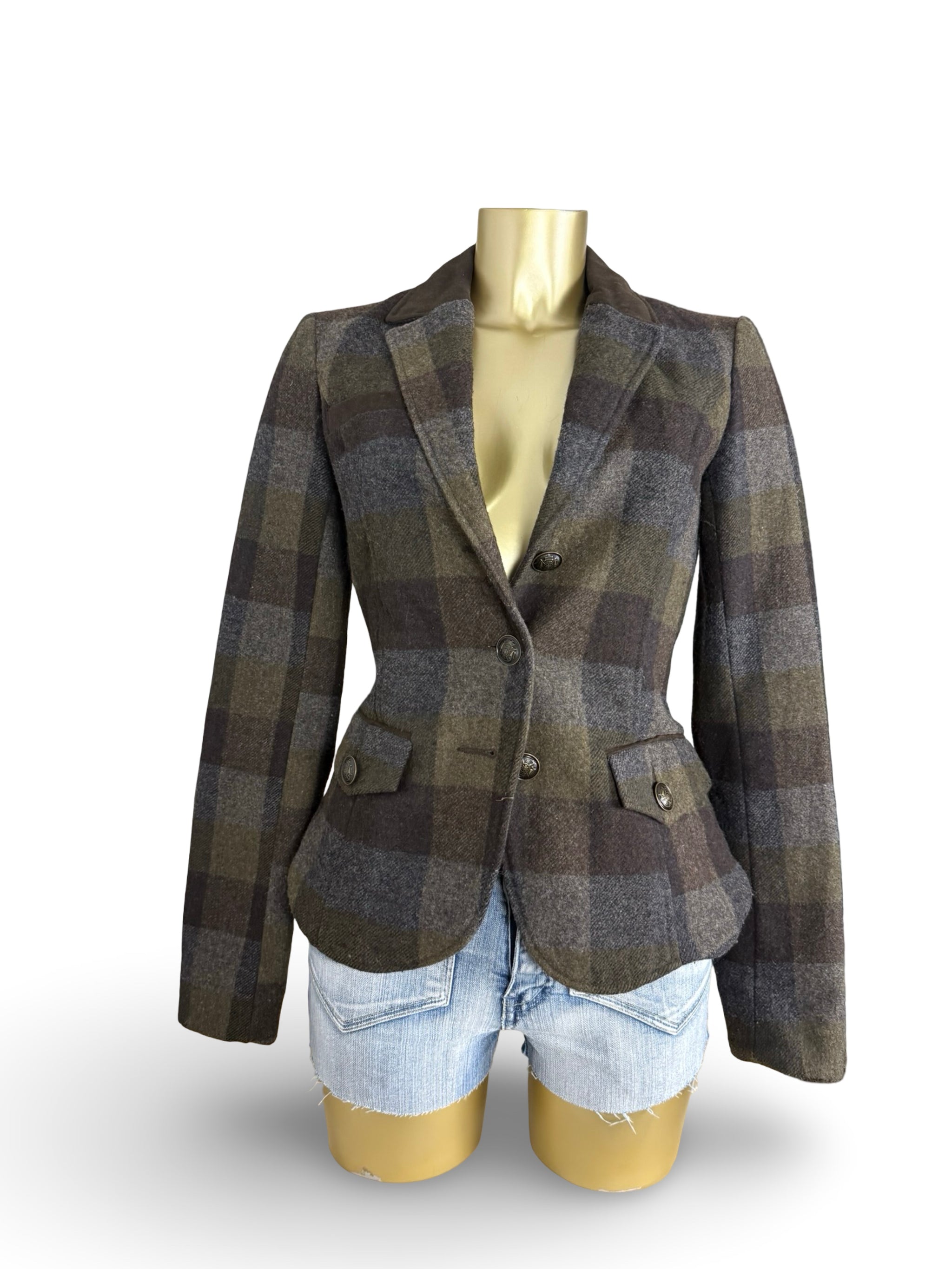 Khaki check print wool office blazer jacket (S)