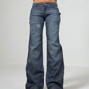 Blue denim low rise baggy pants (S)