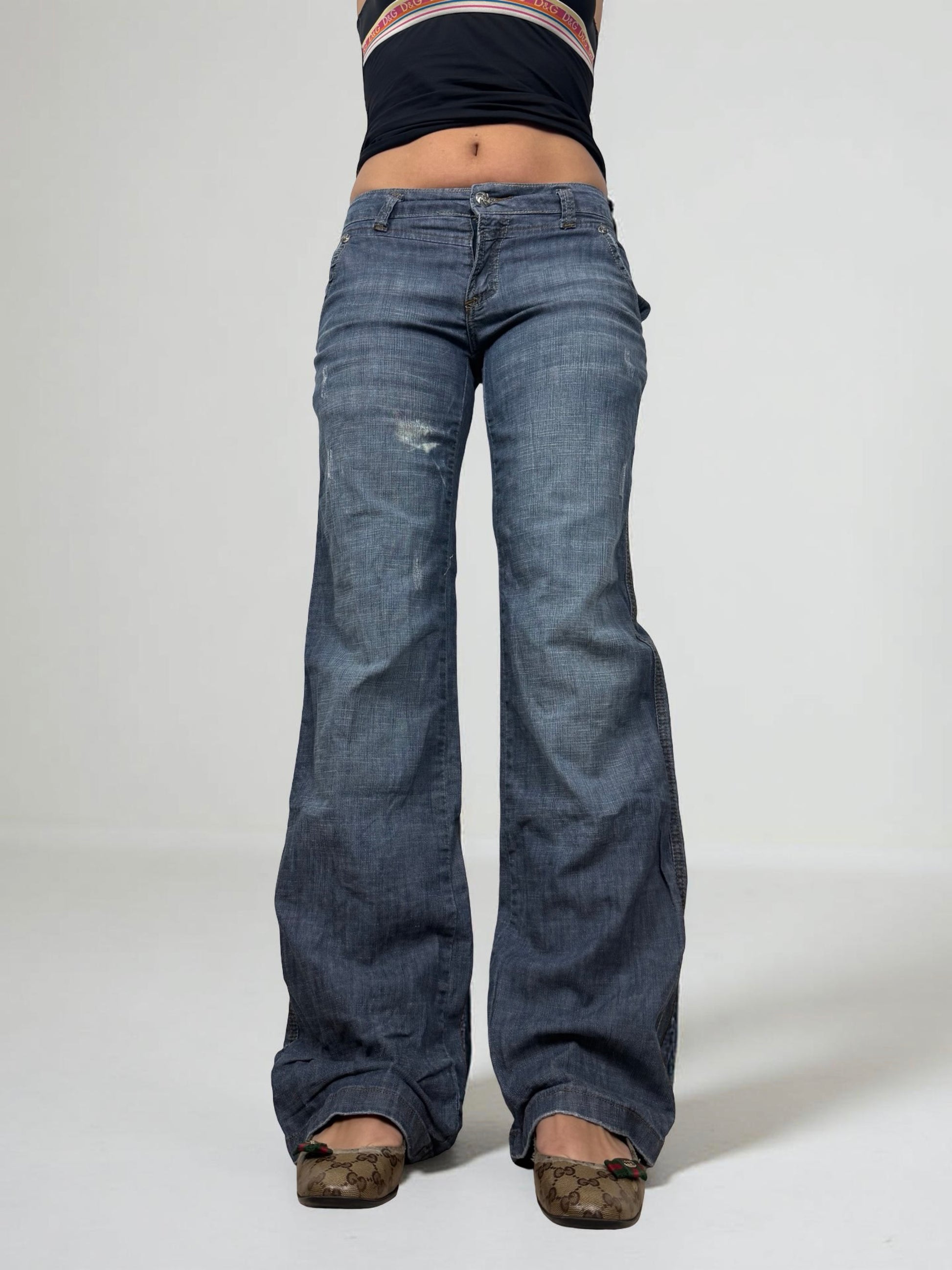 Blue denim low rise baggy pants (S)