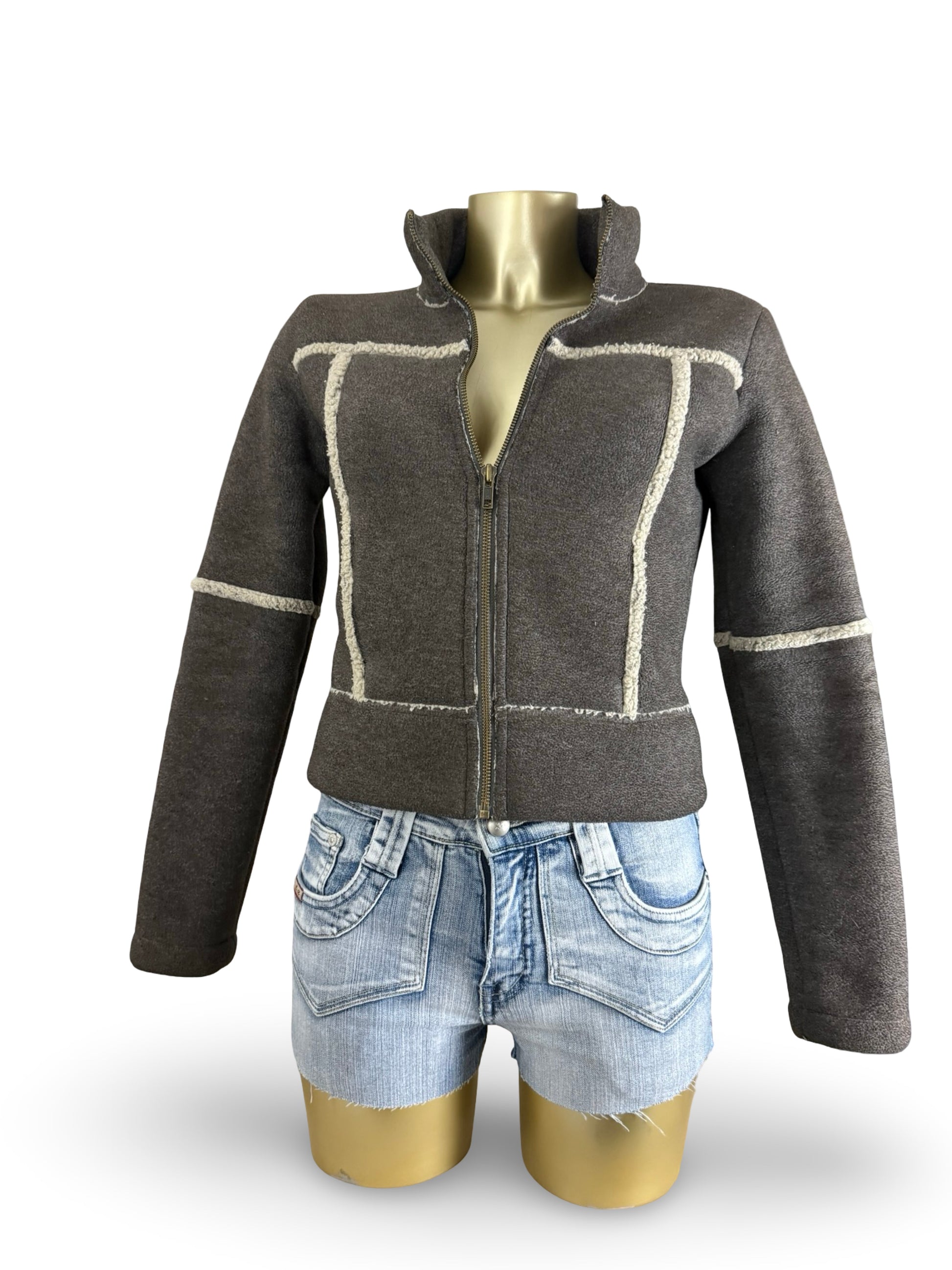 Grey zip up inside fleece biker jacket (S)