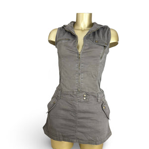Khaki hooded denim zip up mini dress (S)