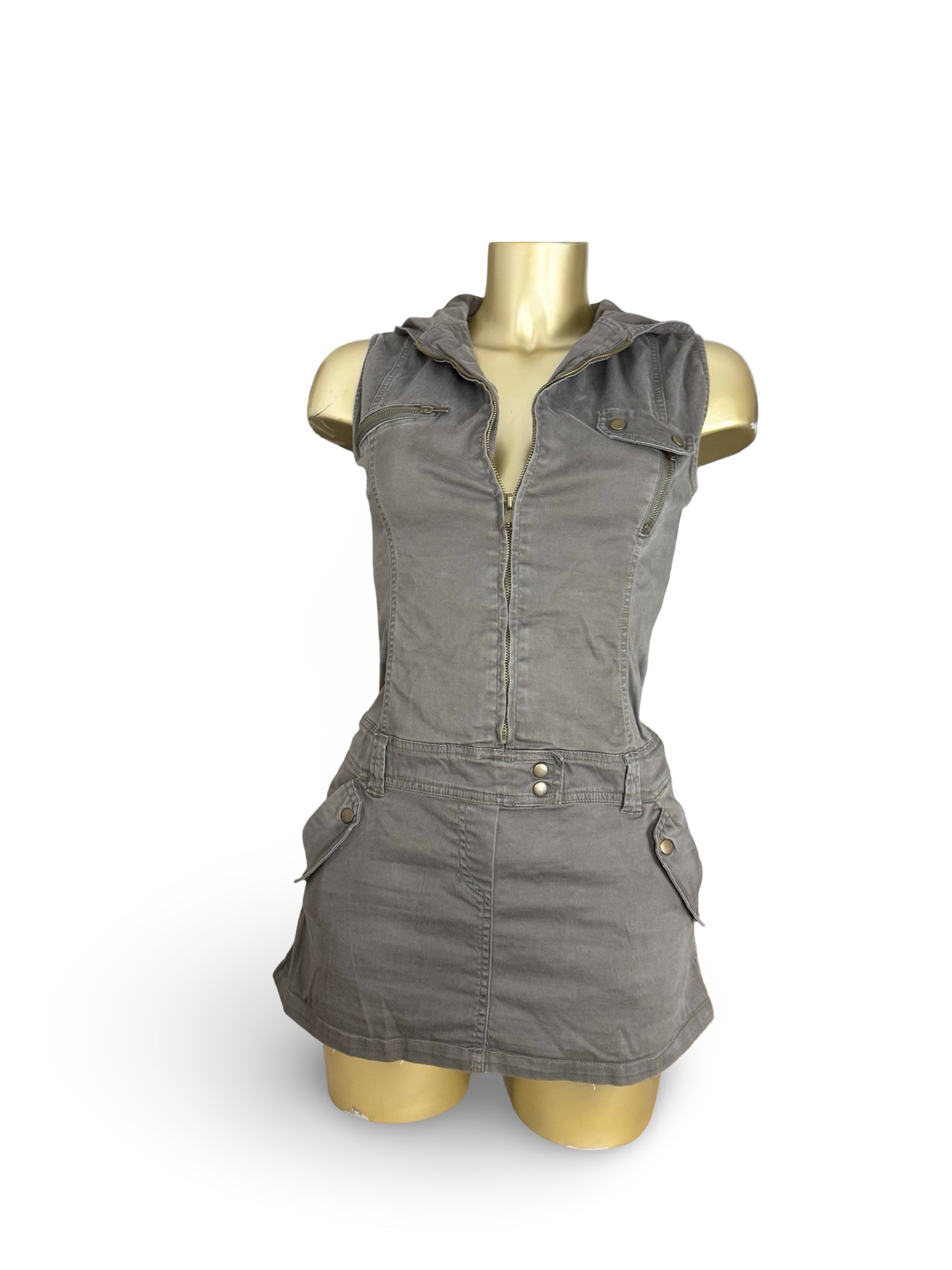 Khaki hooded denim zip up mini dress (S)