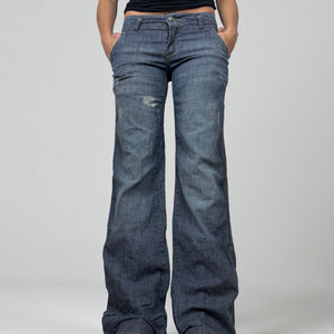 Blue denim low rise baggy pants (S)