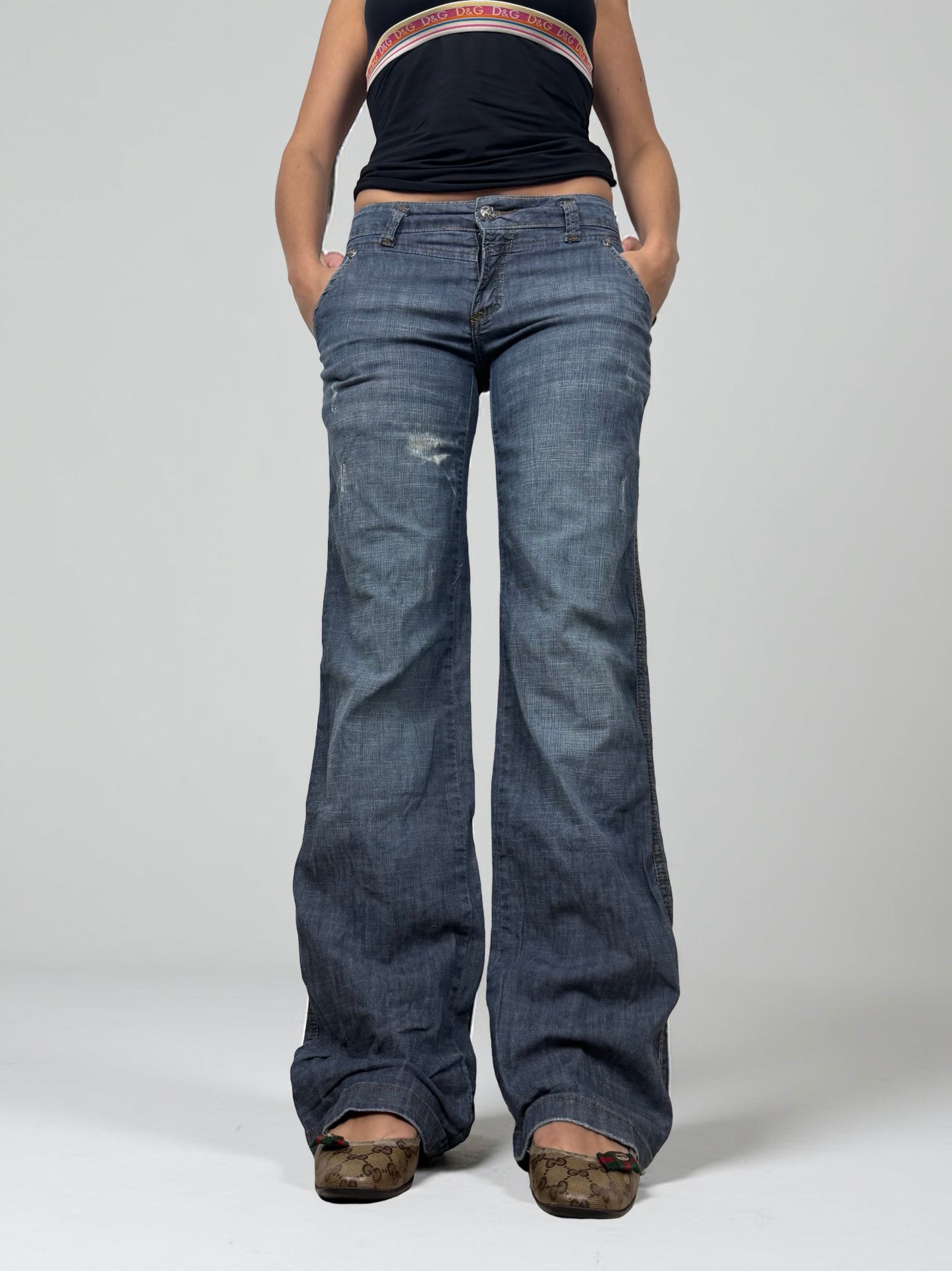 Blue denim low rise baggy pants (S)
