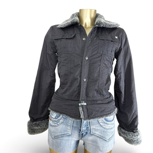 Black faux fur neck zip up tight fit biker jacket (S)