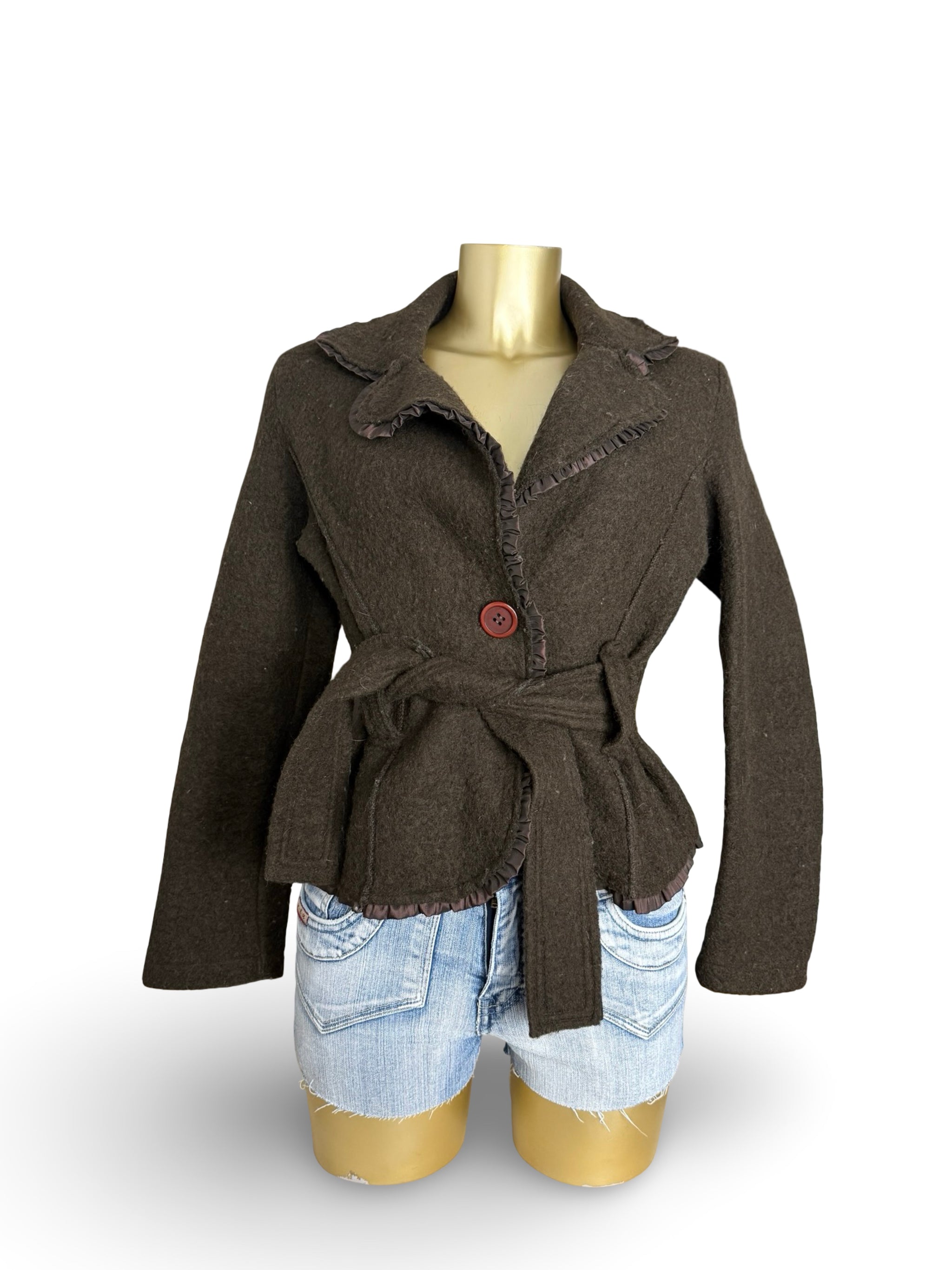 Brown 100% wool tight fit blazer jacket
