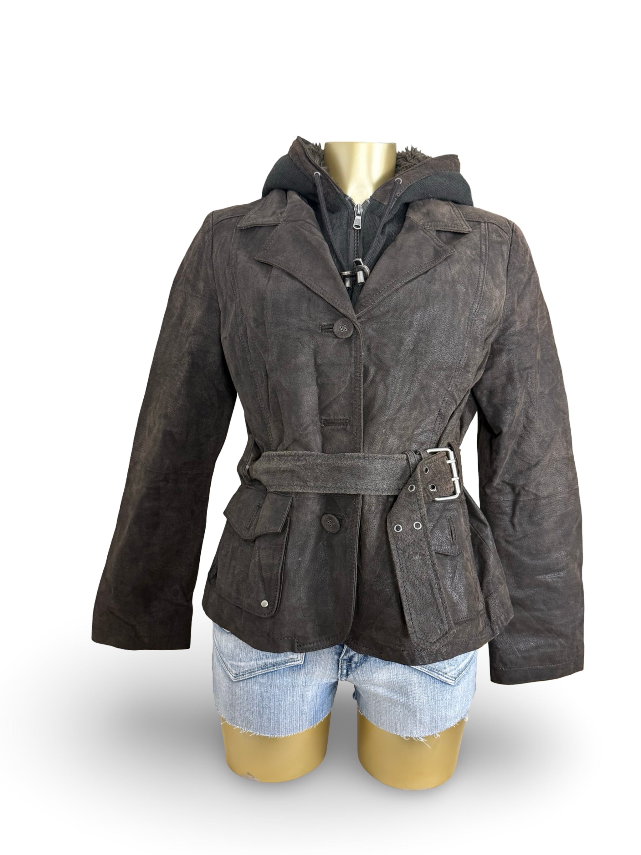 Brown real suede leather hooded biker jacket (S)