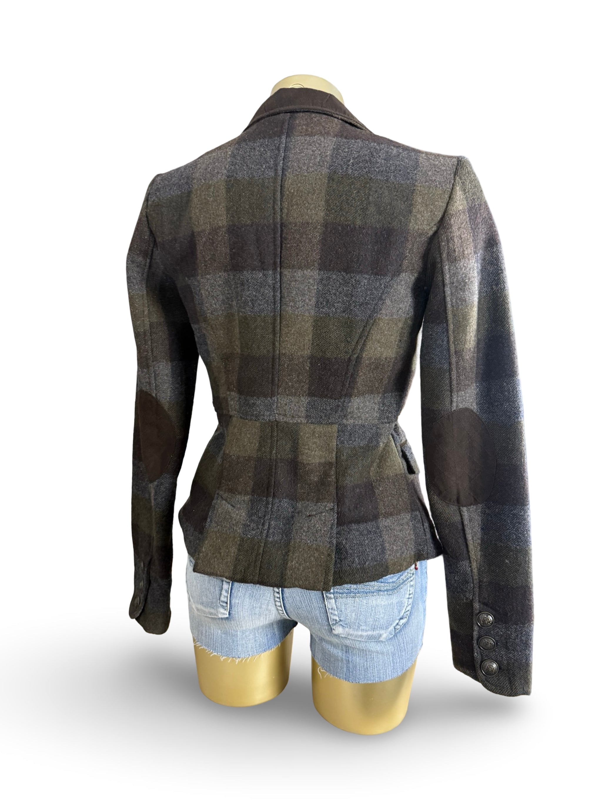Khaki check print wool office blazer jacket (S)