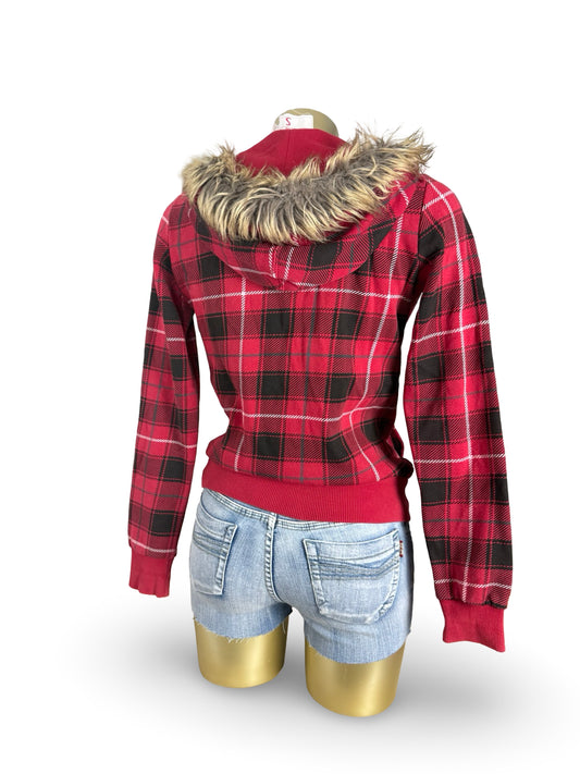 Red check print cotton zip up biker jacket (S)