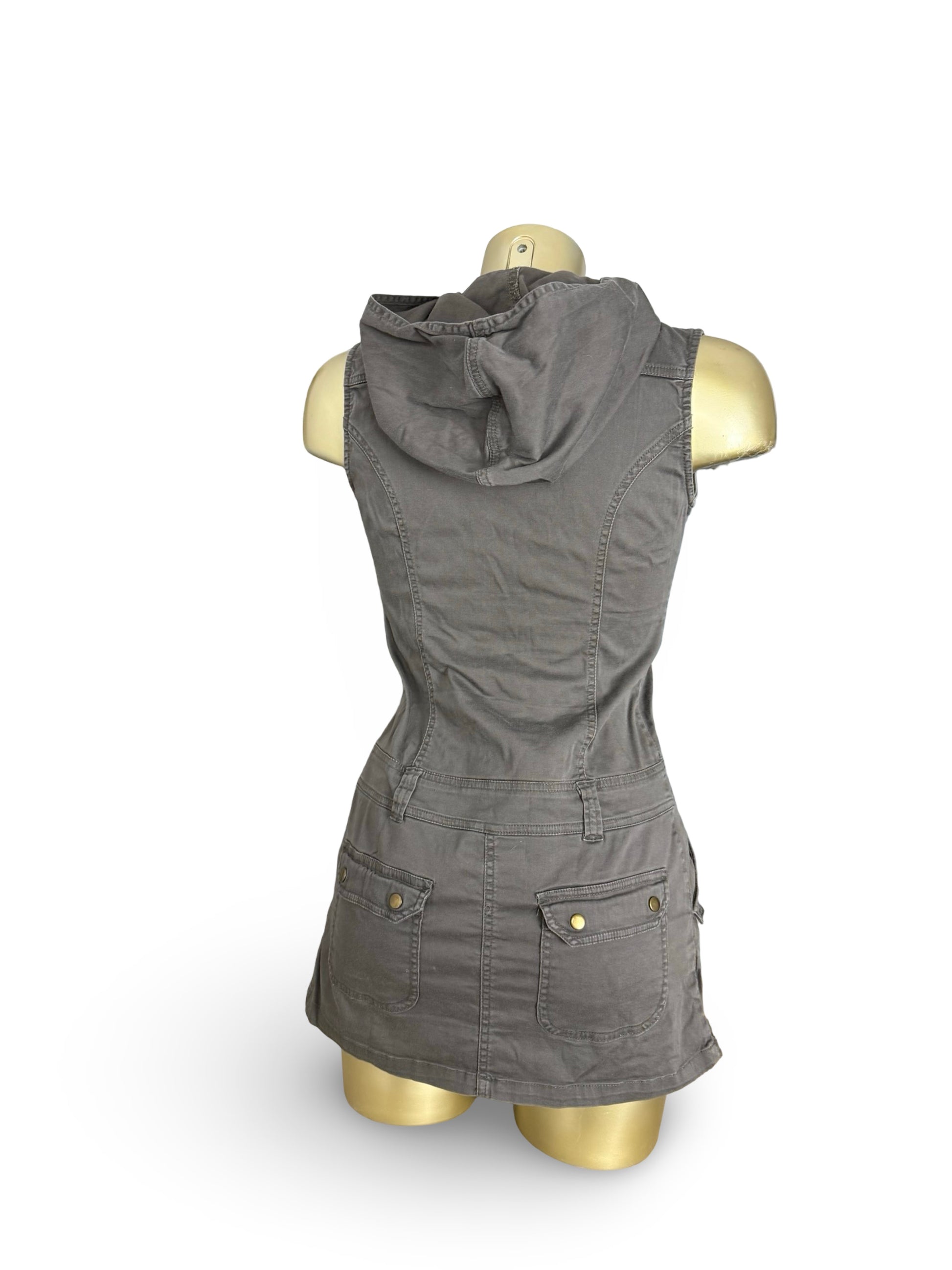 Khaki hooded denim zip up mini dress (S)