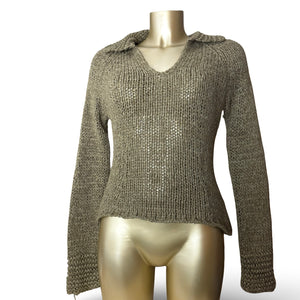 Khaki polo neck knitted crochet jumper (M/L)
