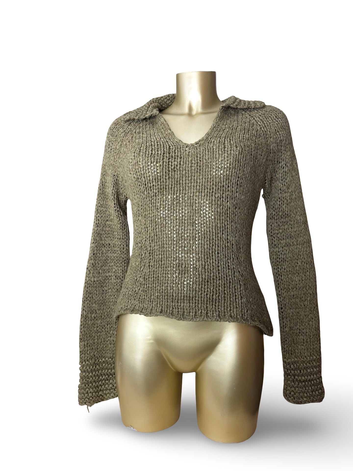 Khaki polo neck knitted crochet jumper (M/L)