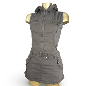 Khaki hooded denim zip up mini dress (S)