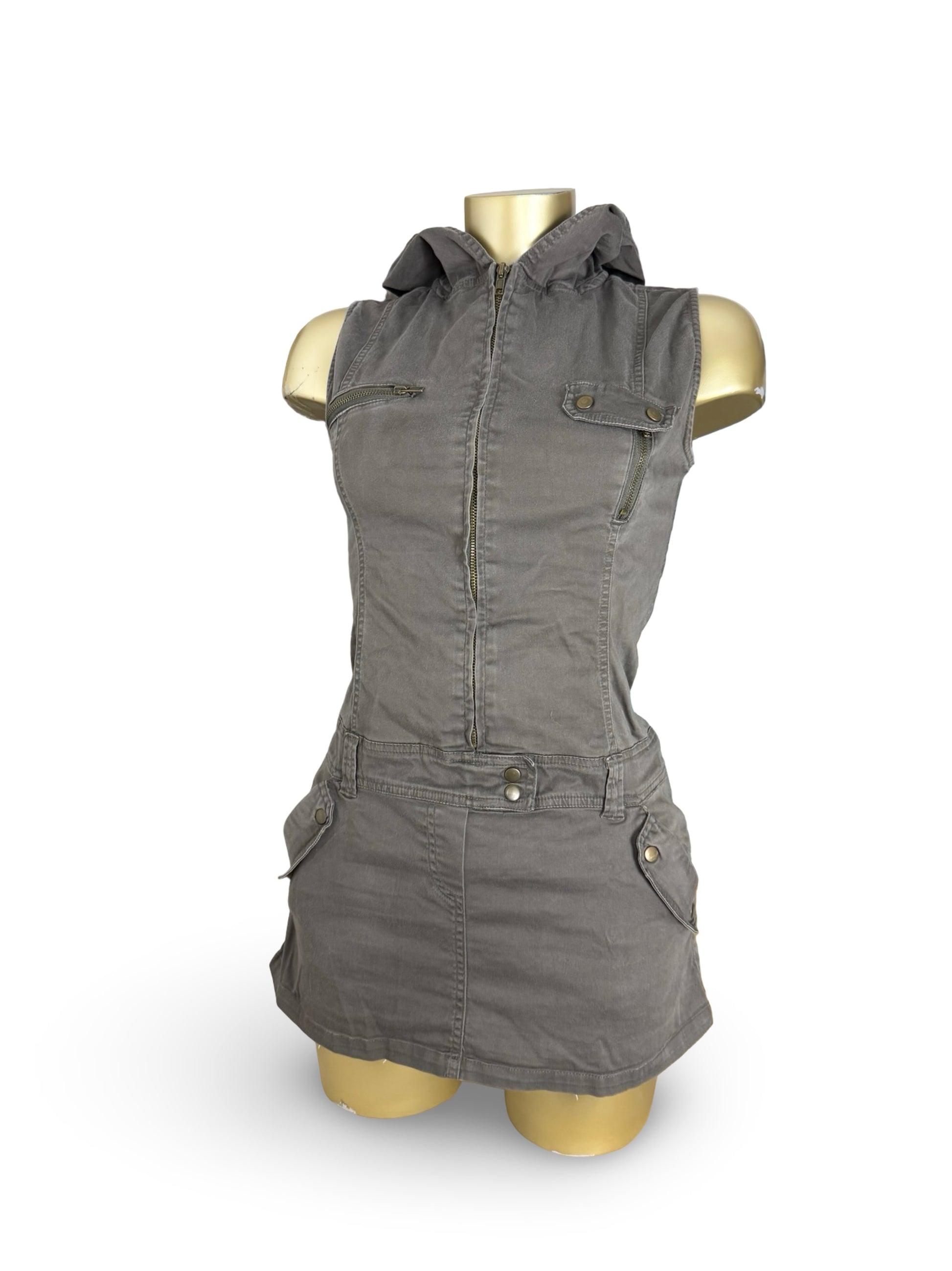 Khaki hooded denim zip up mini dress (S)