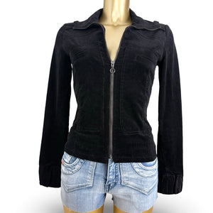 Black zip up velvet ribbed tight fit biker jacket (S)
