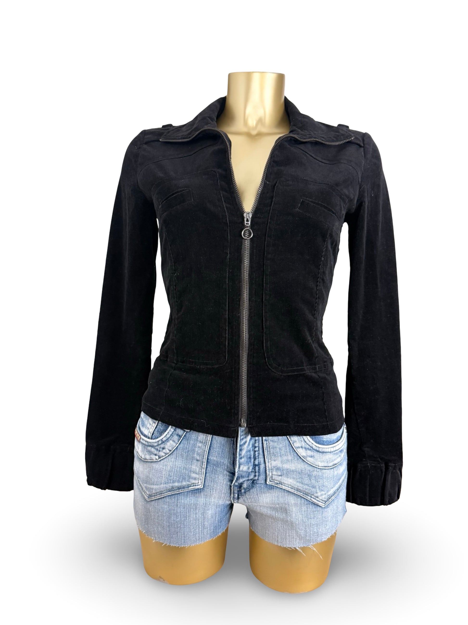 Black zip up velvet ribbed tight fit biker jacket (S)