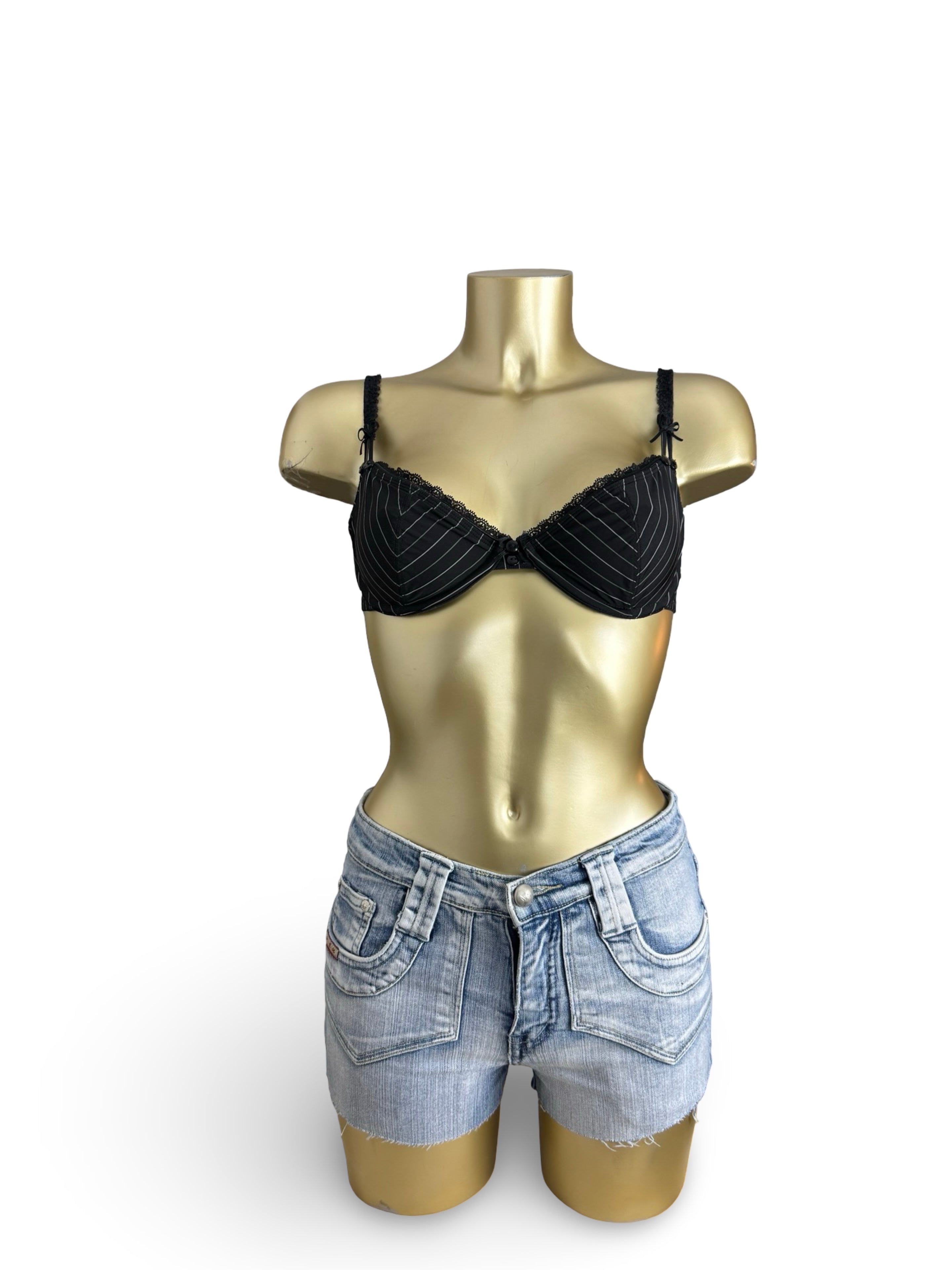 Black lace up striped balcony vintage bra (90C)