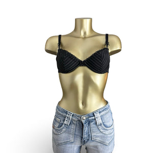 Black lace up striped balcony vintage bra (90C)