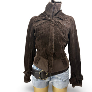 Brown velvet ribbed denim biker jacket (L/XL)