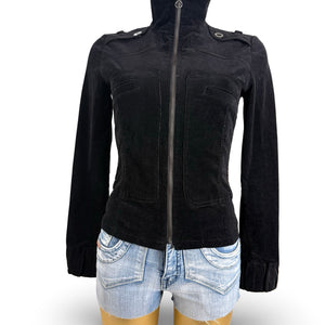 Black zip up velvet ribbed tight fit biker jacket (S)