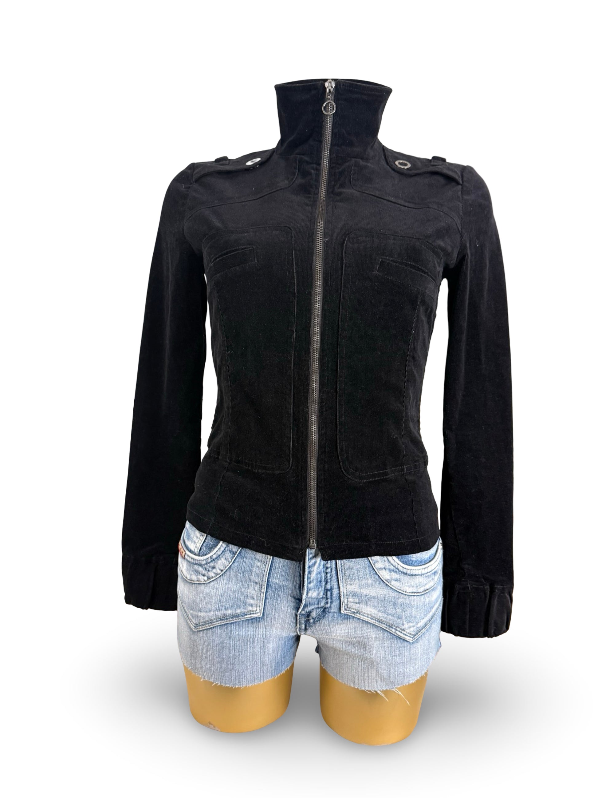 Black zip up velvet ribbed tight fit biker jacket (S)