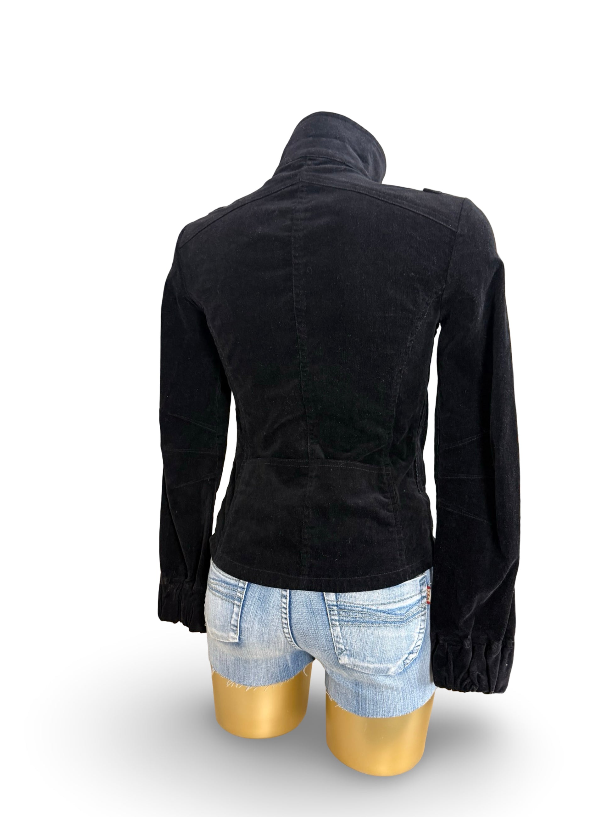 Black zip up velvet ribbed tight fit biker jacket (S)