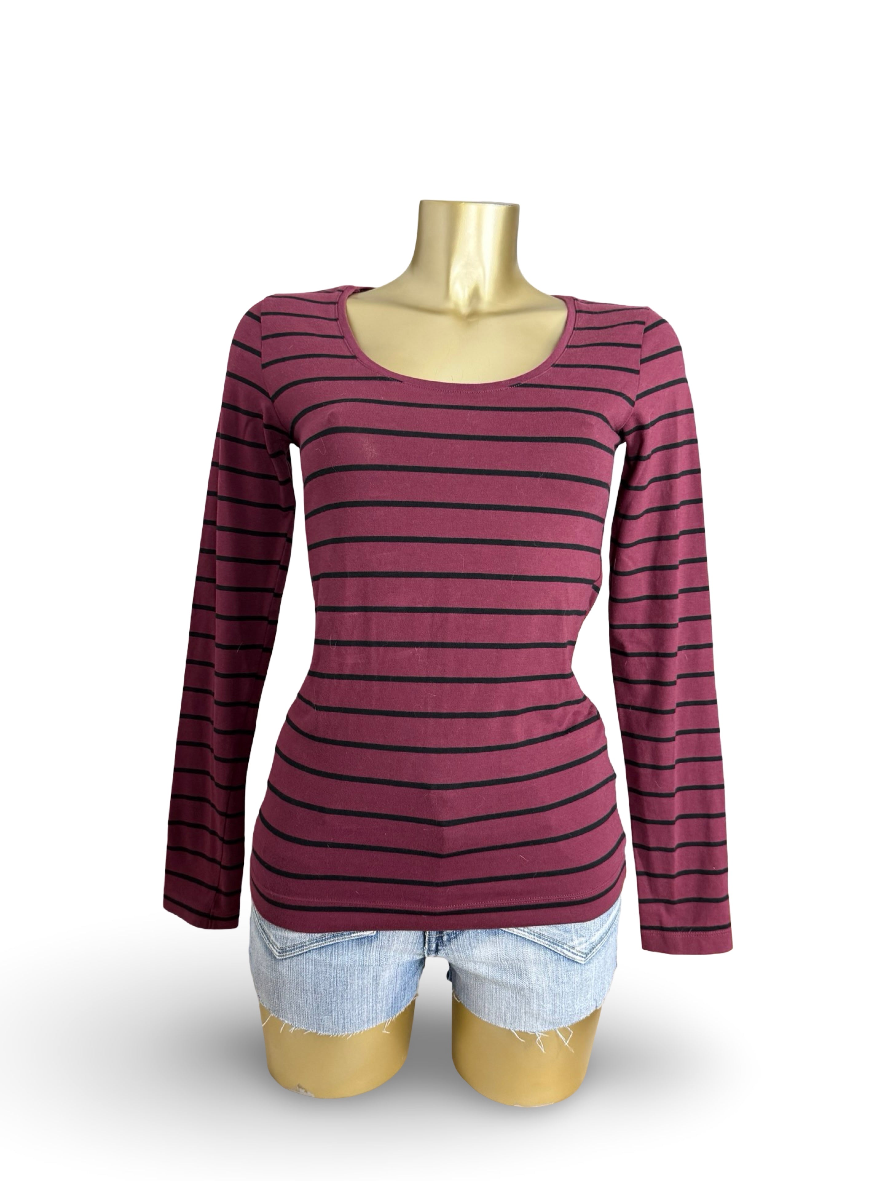Burgundy striped 100% cotton long sleeves top (M)