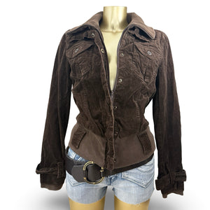 Brown velvet ribbed denim biker jacket (L/XL)