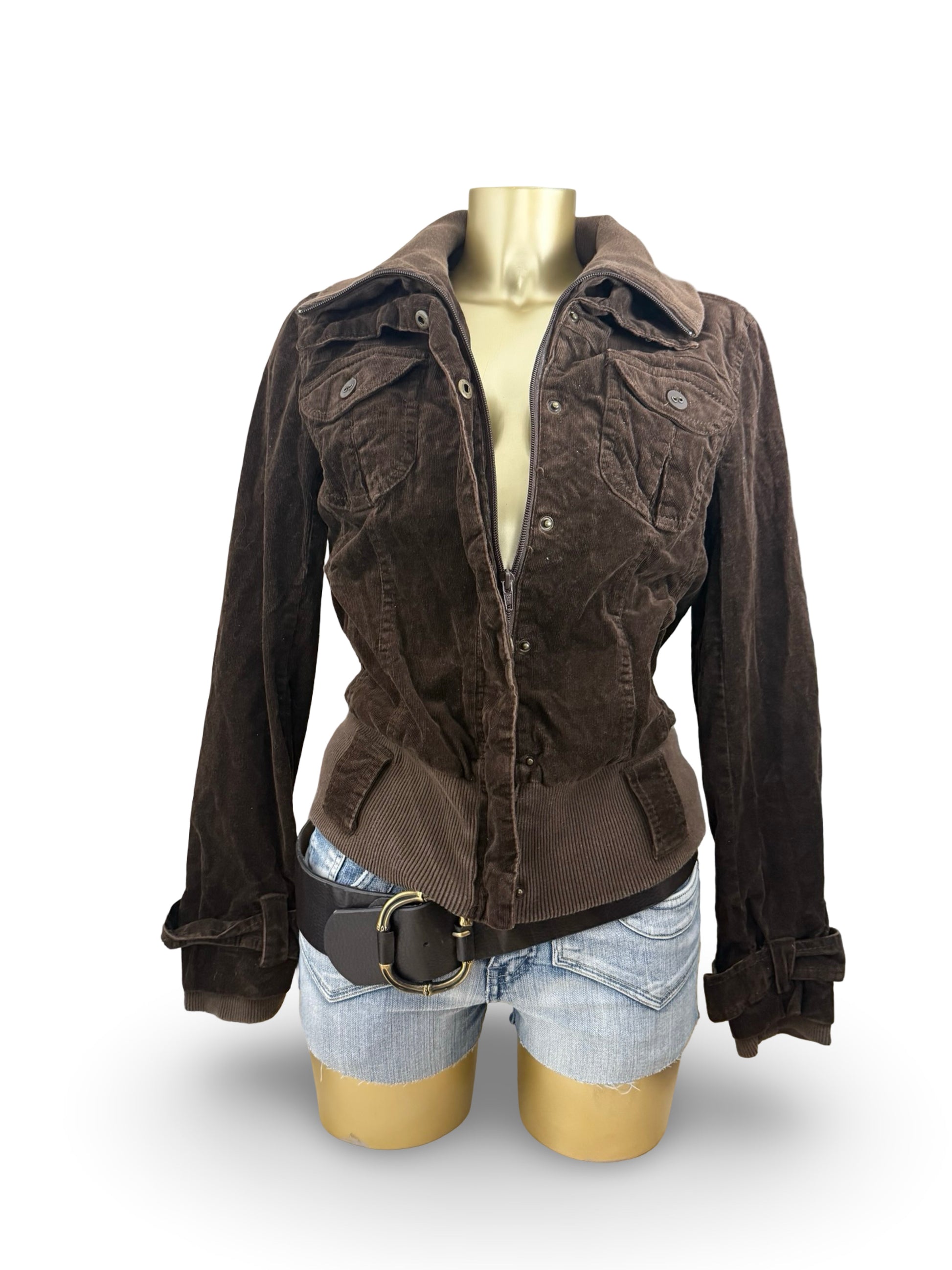 Brown velvet ribbed denim biker jacket (L/XL)