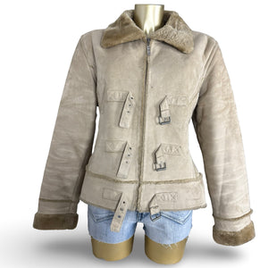 Beige suede inside faux fur jacket (L)