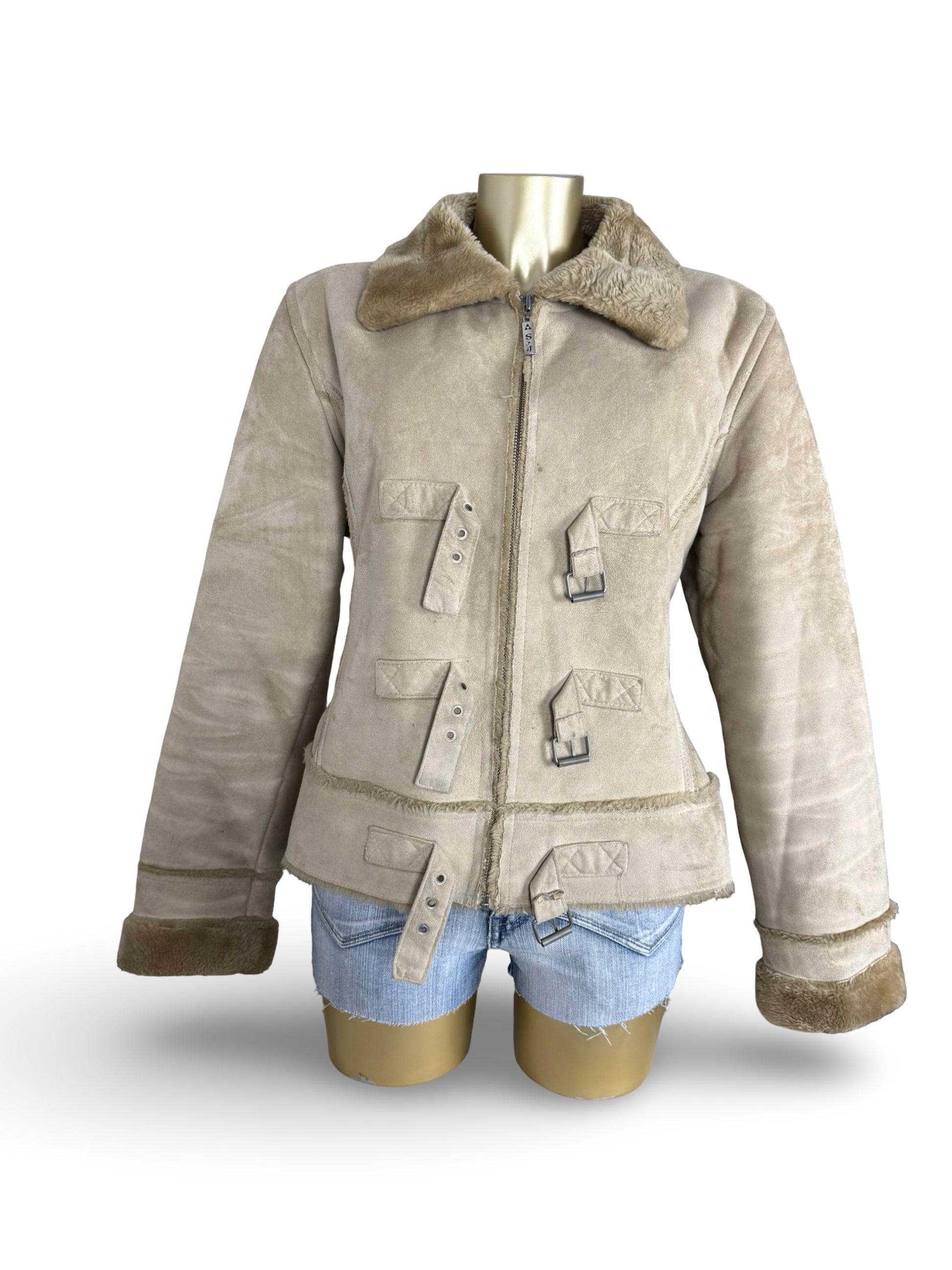 Beige suede inside faux fur jacket (L)