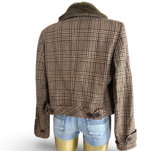 Beige check print wool trench jacket (XL)