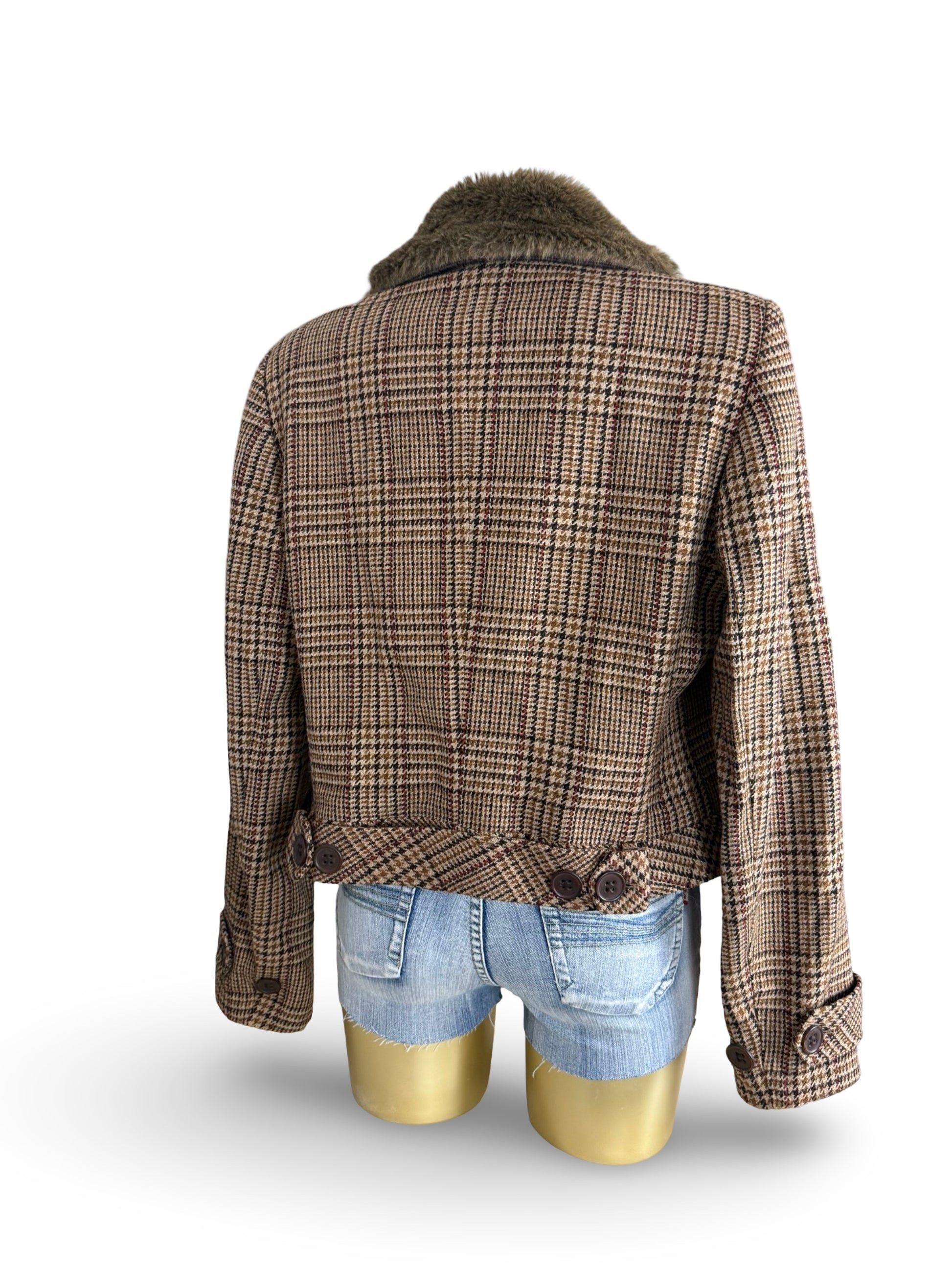 Beige check print wool trench jacket (XL)