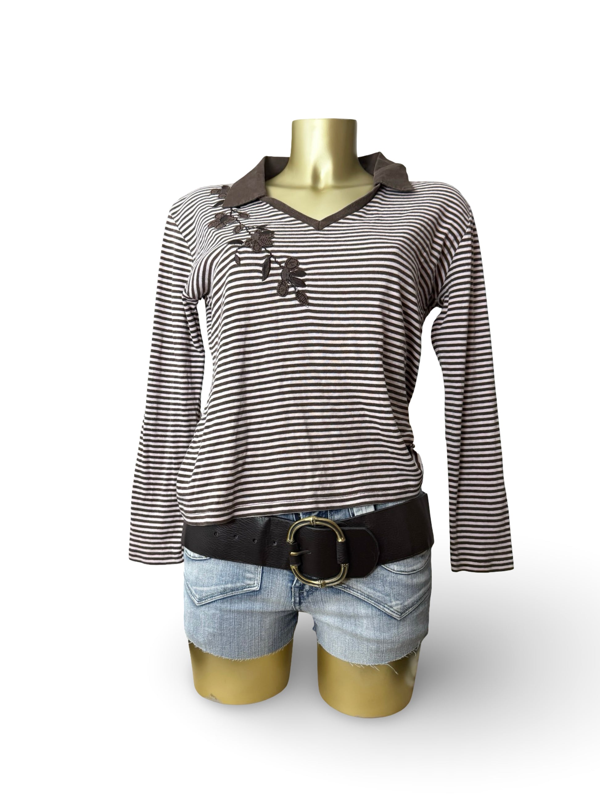 Beige & brown polo neck striped long sleeves top (XL)