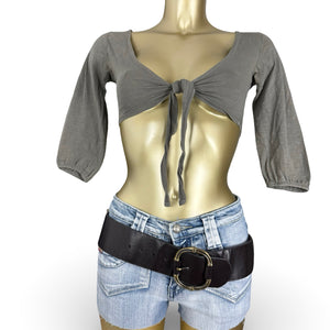 Khaki cotton tie up crop bolero long sleeves top (XS)