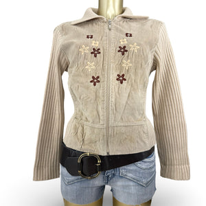 Beige zip up cotton embroidered knitted jacket (S/M)