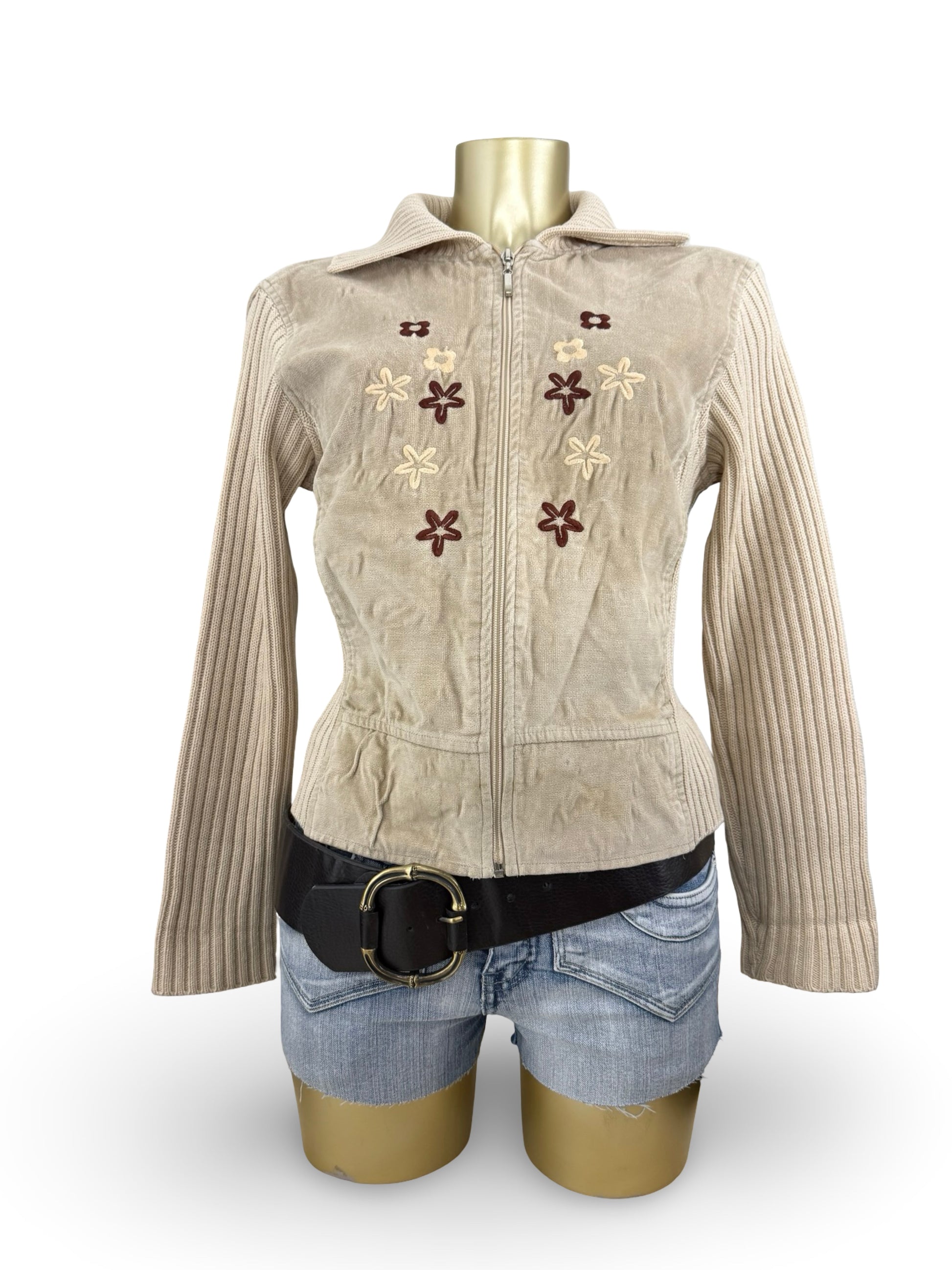 Beige zip up cotton embroidered knitted jacket (S/M)