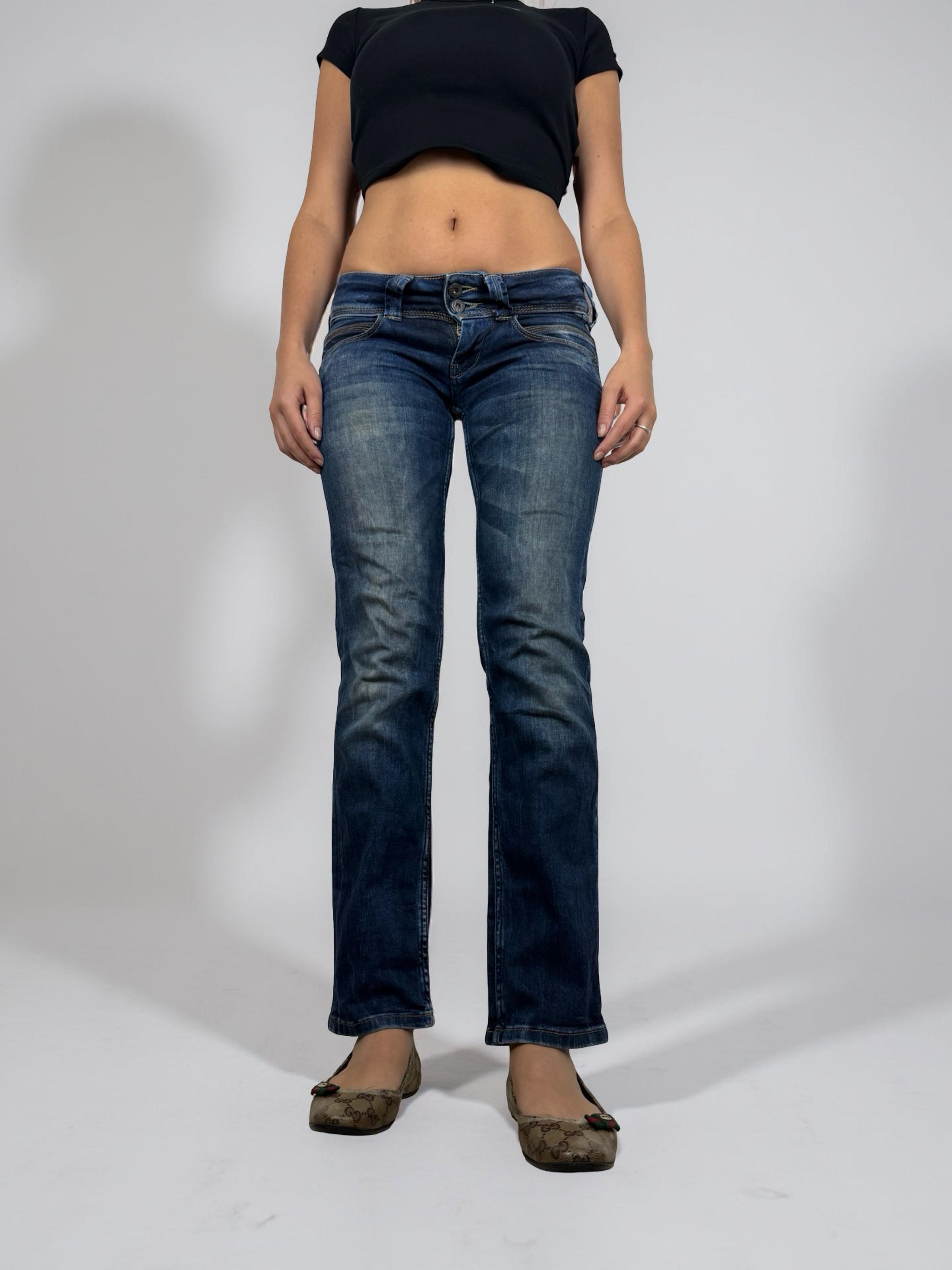 Navy low rise straight legs denim pants (S)