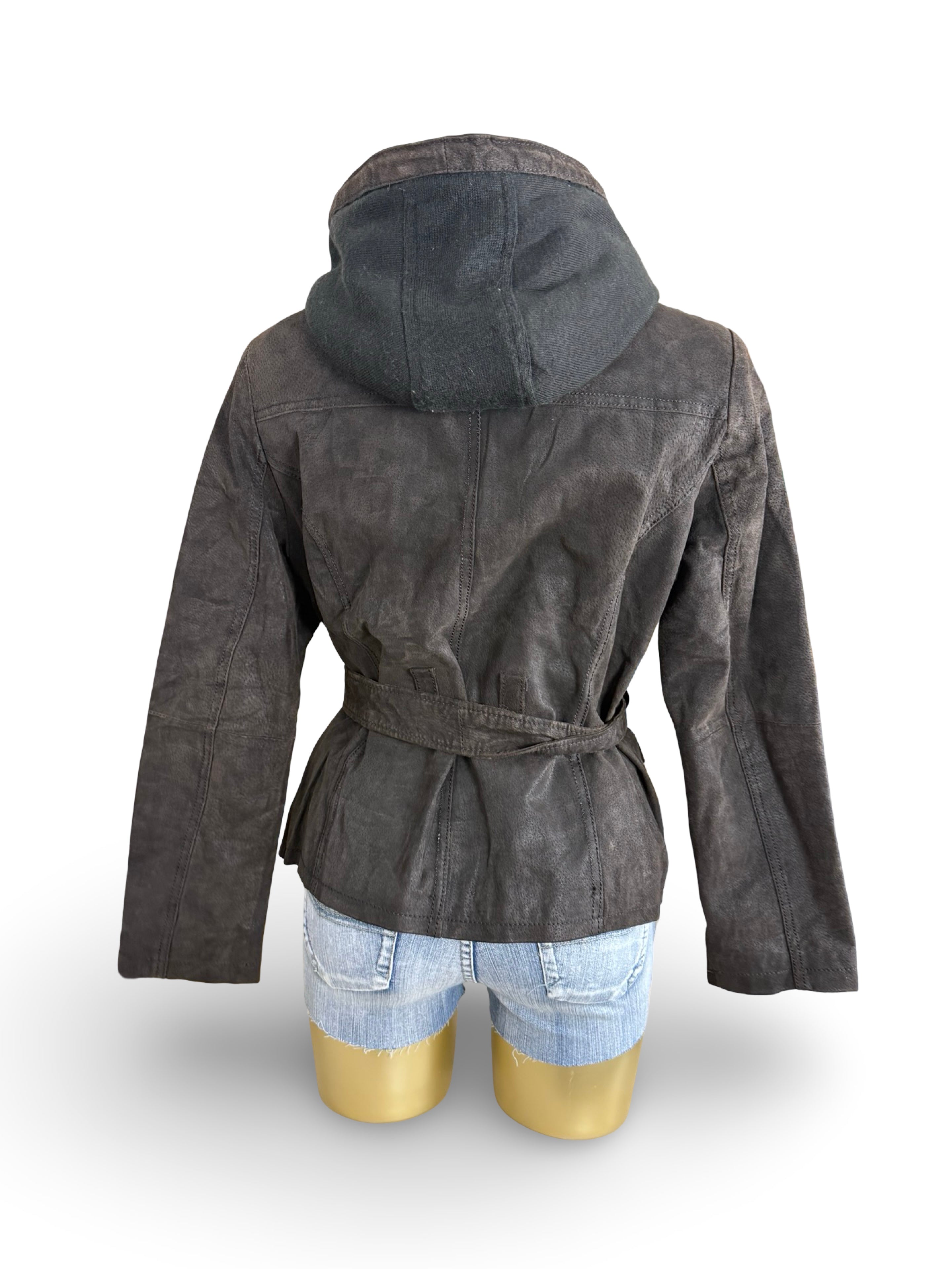 Brown real suede leather hooded biker jacket (S)