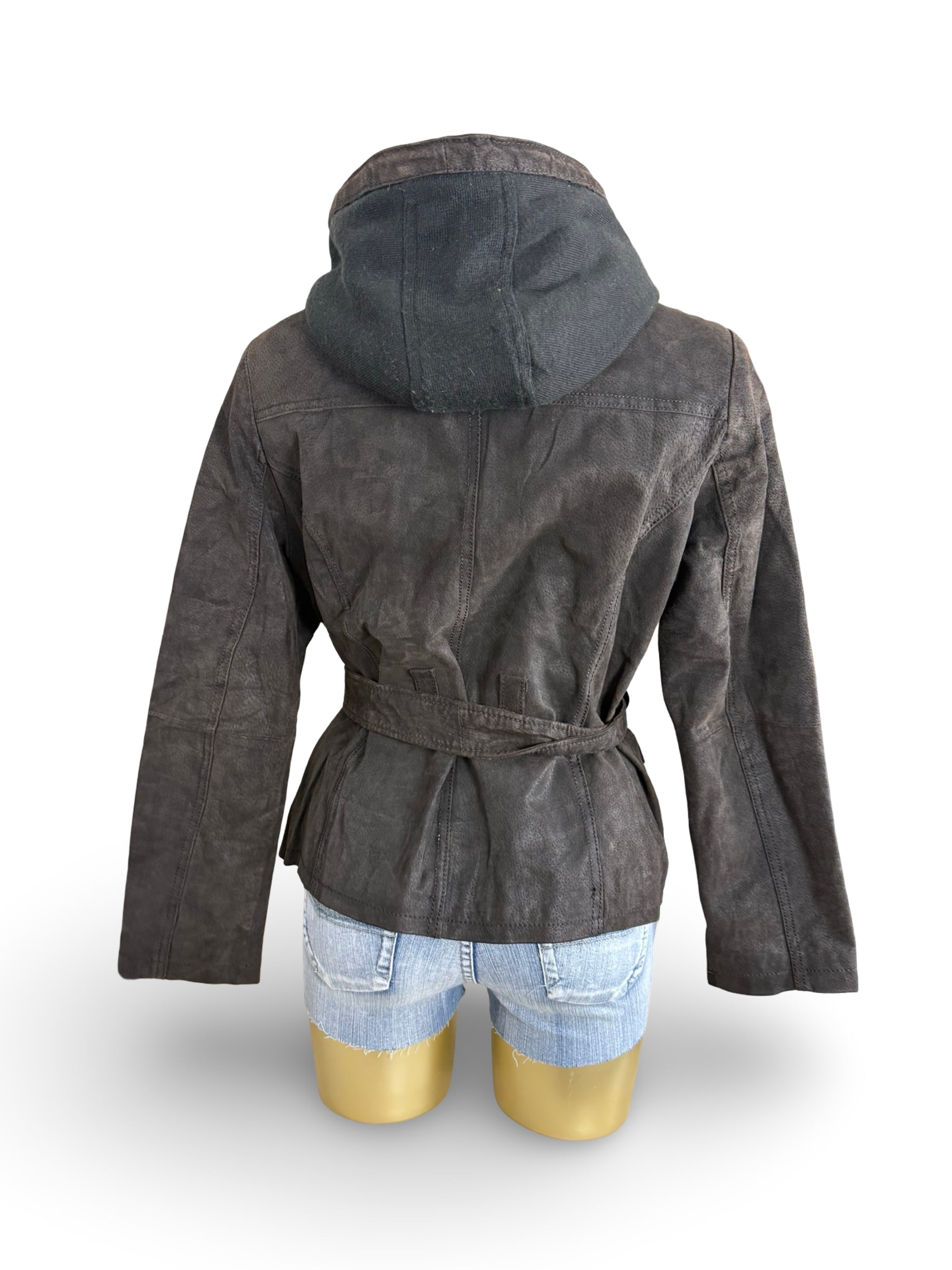 Brown real suede leather hooded biker jacket (S)