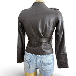 Brown real leather biker jacket with belt (S)