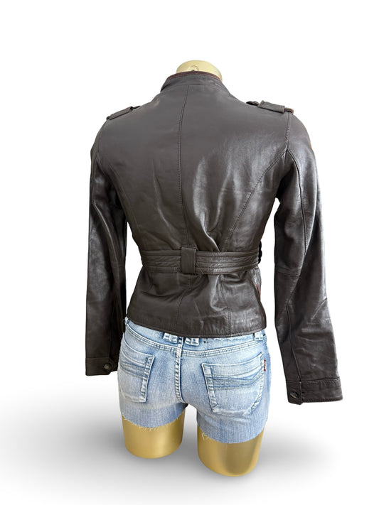 Brown real leather biker jacket with belt (S)