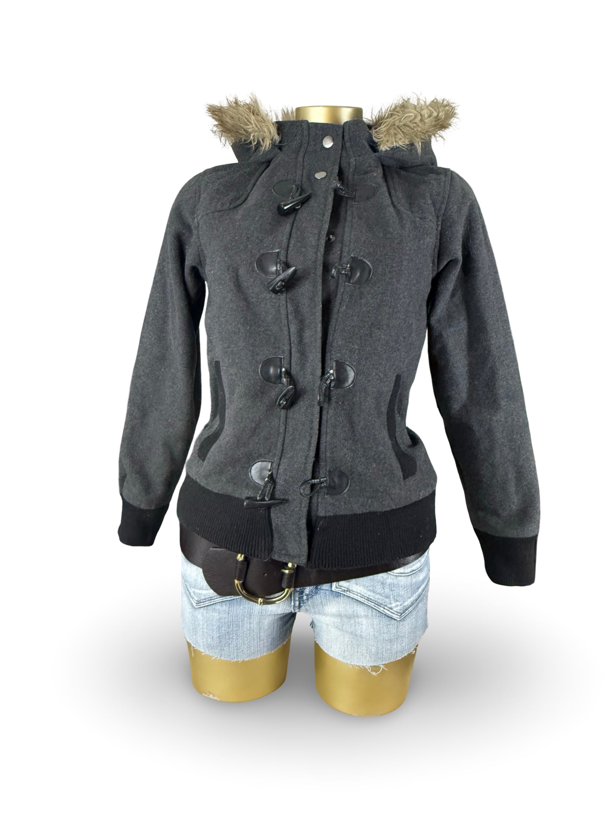 Grey faux fur hooded tight fit jacket (S)